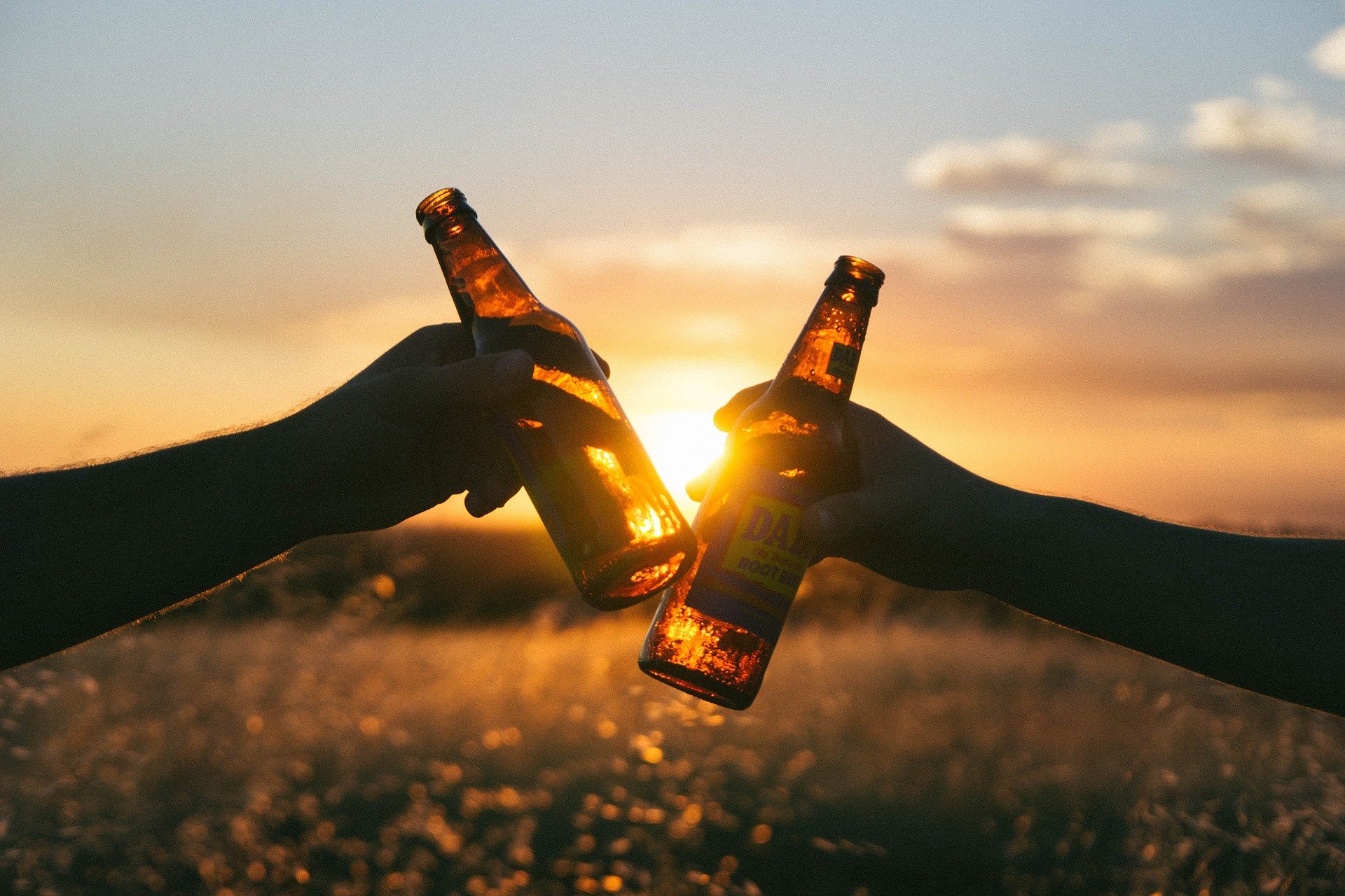 dva ľudia si štrngajú pivovými fľašami pri západe slnka