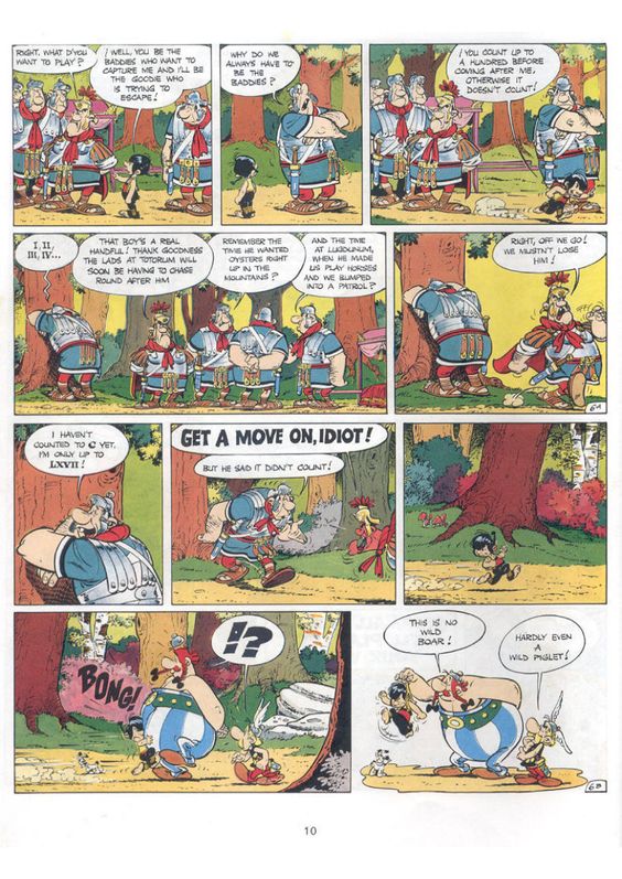 Strana z pôvodného komiksu o Asterixovi a Obelixovi v anglickom preklade