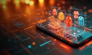 Online nákupný košík a oblečenie zobrazené nad smartfónom ako symbol nakupovania pomocou AI
